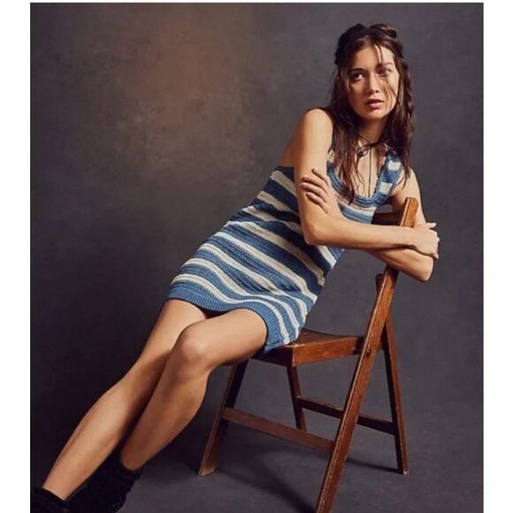 Free People Beach Womens Felicity Crochet Sweater Mini Dress Small Blue Stripe - Picture 2 of 13